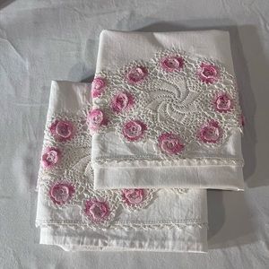 Queen Pillow Cases Embroidered Lace Insets Pink Flowers on White Just Beautiful